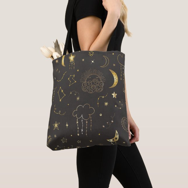Bolso De Tela Estrellas doradas celestes, luna y constelaciones (Detalle)