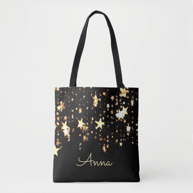 Bolso De Tela Estrellas elegantes, negras, de oro, (Anverso)