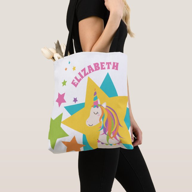 Bolso De Tela Estrellas Girly Cute Rainbow Unicorn añaden tu nom (Detalle)