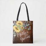 Bolso De Tela Eucalipto Madre Rústica del Groom<br><div class="desc">Girasoles Eucalyptus Guión rústico "madre del novio" y nombre personalizado en la parte trasera, elegantes y románticos, grandes regalos personalizados para la madre del novio. Para una mayor personalización, haga clic en el enlace "personalizar adicional" y utilice nuestra herramienta de diseño para modificar esta plantilla. Si necesita ayuda o elementos...</div>