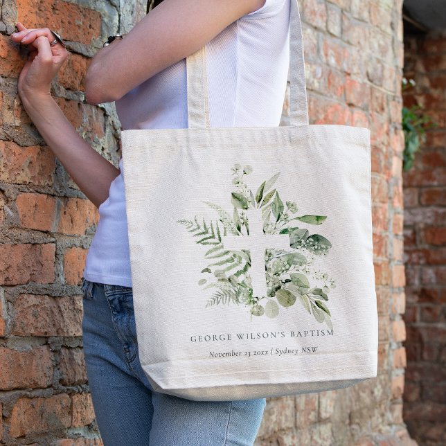 Bolso De Tela Eucalipto Verde Rústico Fern Foliage Cross Baptism (Subido por el creador)