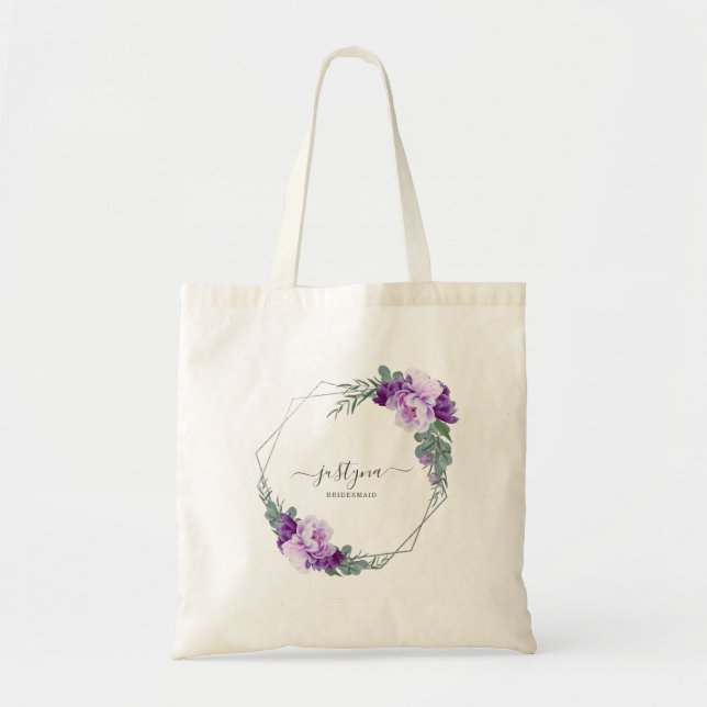 Bolso De Tela Eucaliptos florales púrpura y plateada Bridesmaid (Frente)