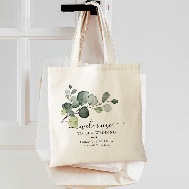 Bolso De Tela Eucalyptus deja la bienvenida al Boda de la vegeta (Eucalyptus Leaves Greenery Wedding Welcome Tote Bag)