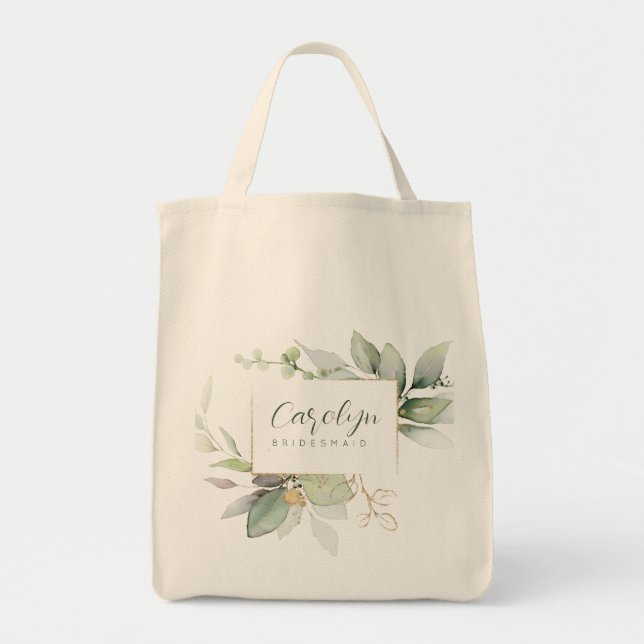 Bolso De Tela Eucalyptus Green Gold Monogramada Bridesmaid (Frente)