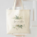 Bolso De Tela Eucalyptus Greenery Gold deja a una elegante dama<br><div class="desc">Hermosa bolsa personalizada de tote de dama de honor con eucalipto acuarela y hojas de oro.</div>