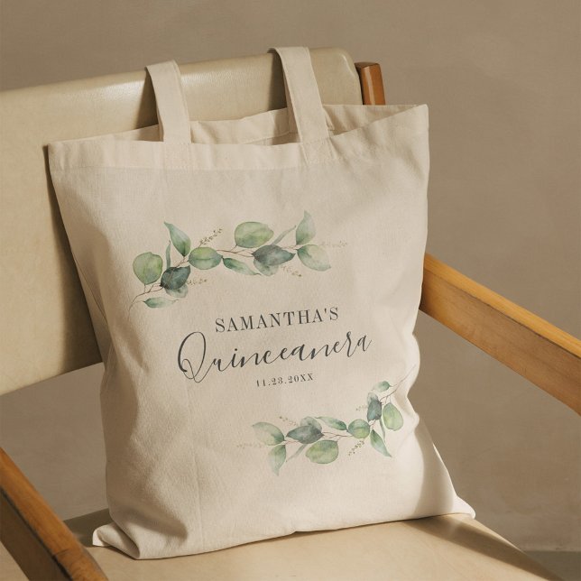 Bolso De Tela Eucalyptus Quinceanera (Eucalyptus Greenery Quinceanera 15th Birthday Keepsake Tote Bag)