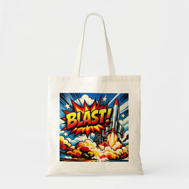 Bolso De Tela ¡EXPLOSIÓN! Arte Pop Retro de Cohete en Explosión (Frente)