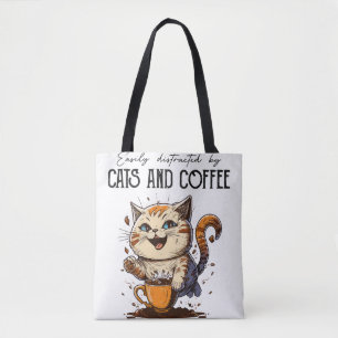 Bolso De Tela Fácilmente Distraído Por Gatos Y Café Amantes De L