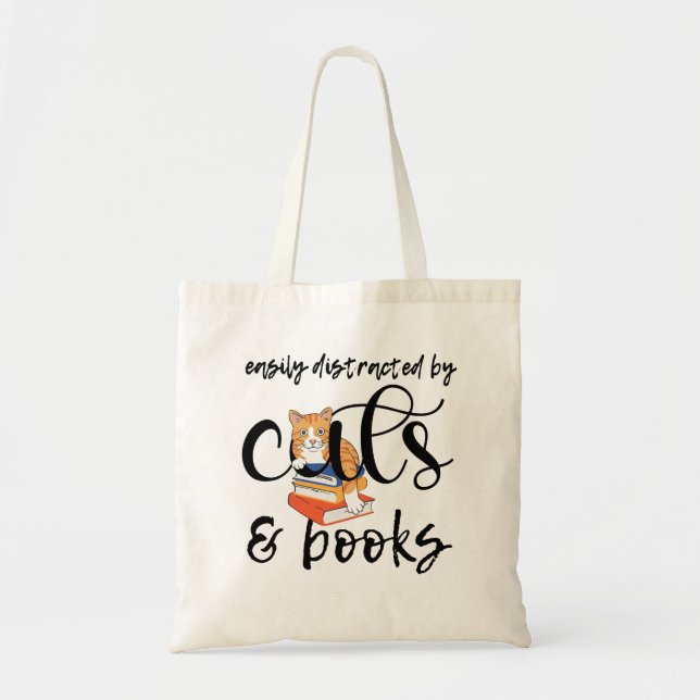BOLSO DE TELA FÁCILMENTE DISTRAÍDO POR GATOS Y LIBROS (Frente)