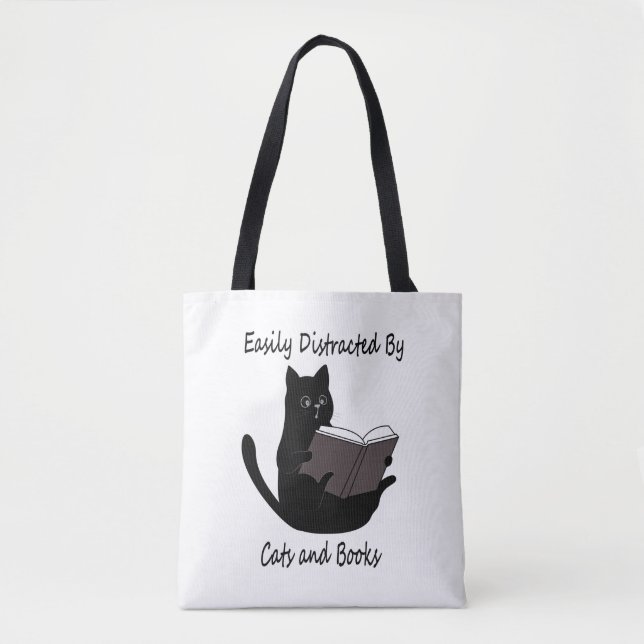 Bolso De Tela Fácilmente Distraído Por Gatos Y Libros, Un Regalo (Anverso)