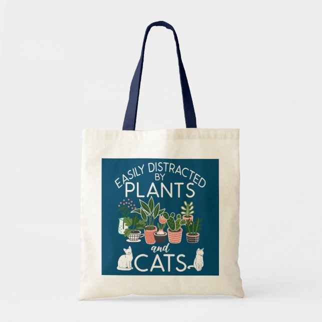 Bolso De Tela Fácilmente Distraído Por Plantas Y Gatos Graciosos (Frente)