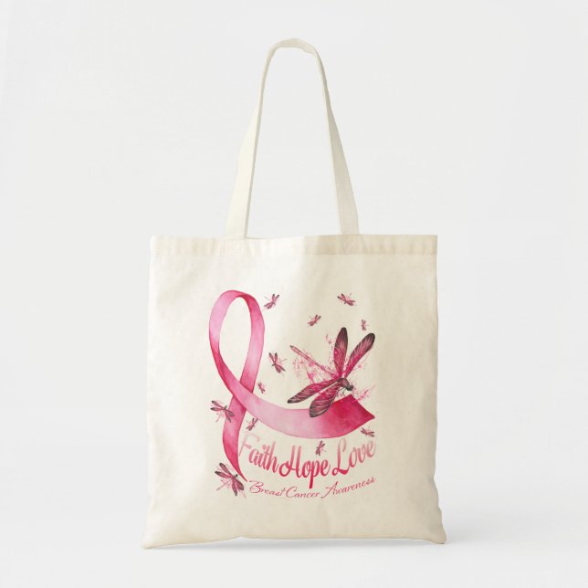 Bolso De Tela Faith Hope Love Dragonfly Pink Ribbon Mama (Frente)