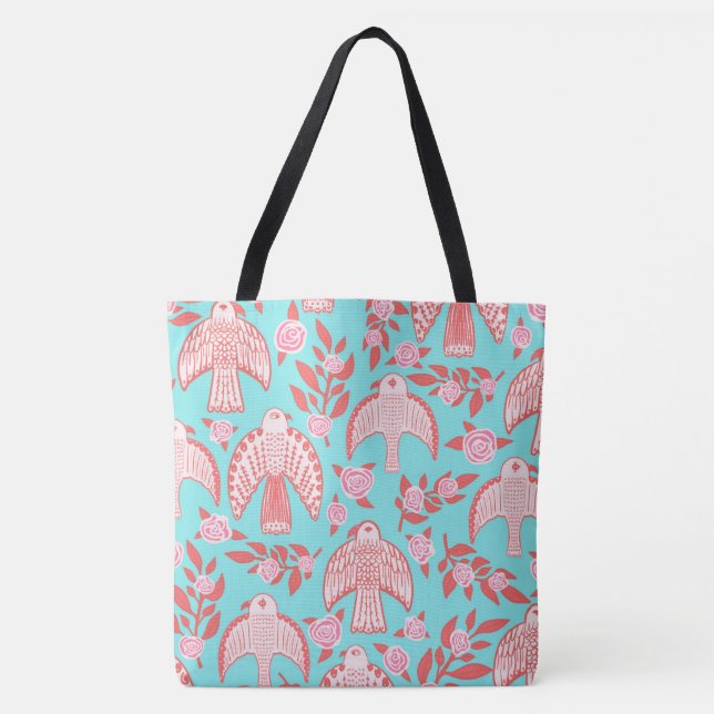 Bolso De Tela Falcons y Rosas Elegante Rosa Azul Ilustrado (Anverso)