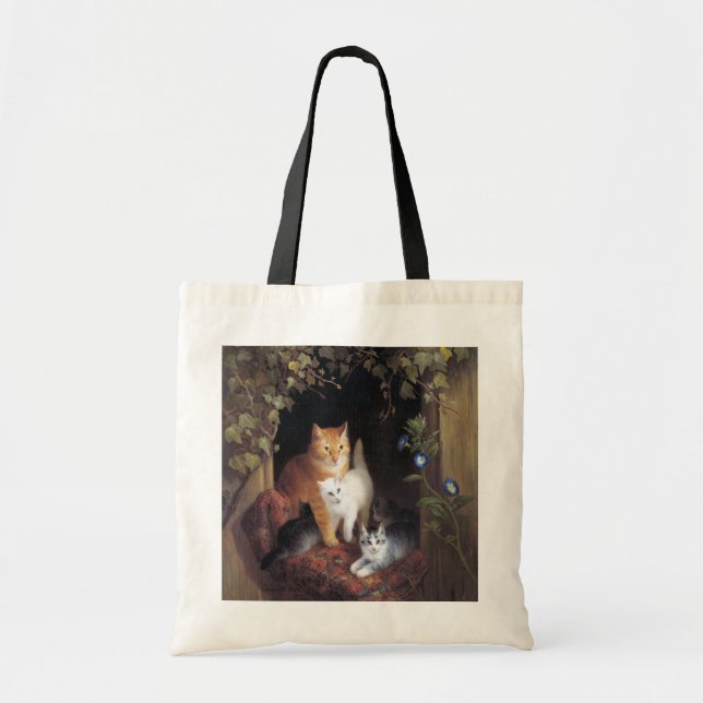 Bolso De Tela Familia Cat y hoja de marfil de Henriette Ronner-K (Frente)