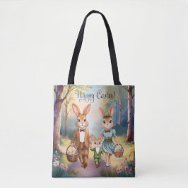 Bolso De Tela Familia conejo de Pascua persiguiendo huevos - acu