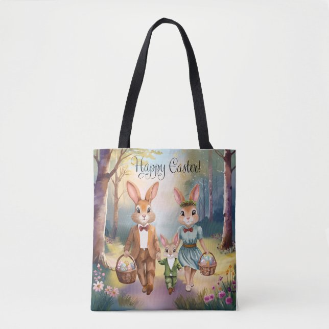 Bolso De Tela Familia conejo de Pascua persiguiendo huevos - acu (Anverso)