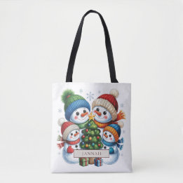 Bolso De Tela Familia de cuatro muñecos de nieve Nombre del árbo