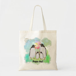 Bolso De Tela familia de pingüinos felices con globos coloridos