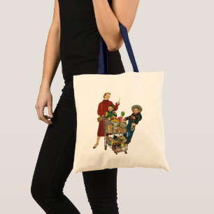 Bolso De Tela Familia Retro, Mamá y Niños Carrito de Compras de 