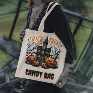 Bolso De Tela Famosa casa de Halloween con calabazas al atardece
