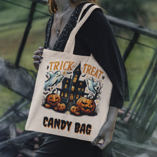 Bolso De Tela Famosa casa de Halloween con calabazas al atardece
