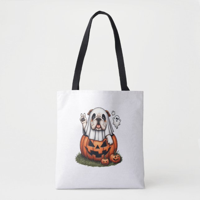 Bolso De Tela Famoso Bulldog inglés Fantasma Boo Halloween Mujer (Anverso)
