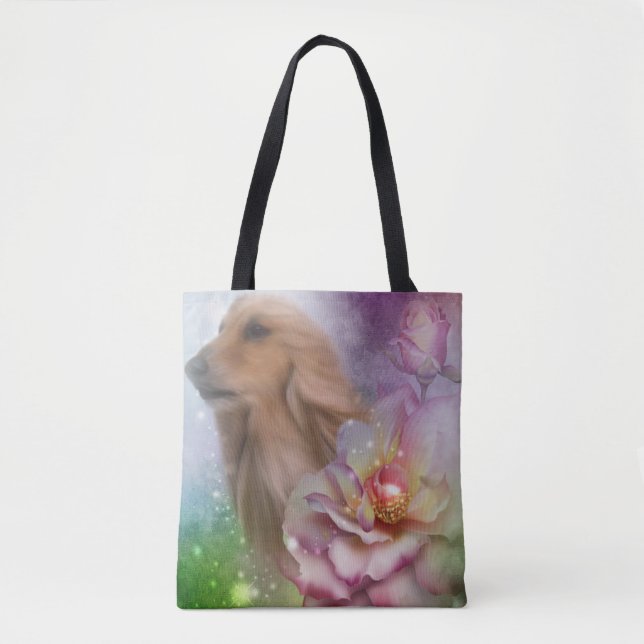 Bolso De Tela Fantasía afgana Fantasía Flores Perro Arte (Anverso)