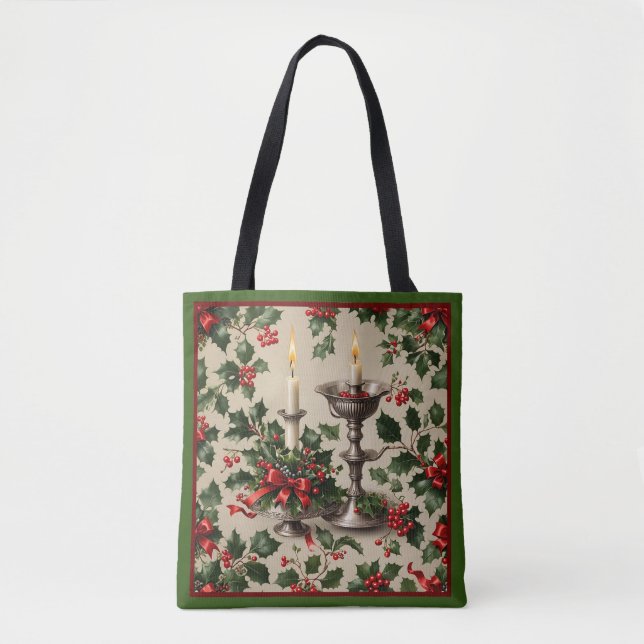 Bolso De Tela Fantasía de Navidad Holly y Velas (Anverso)