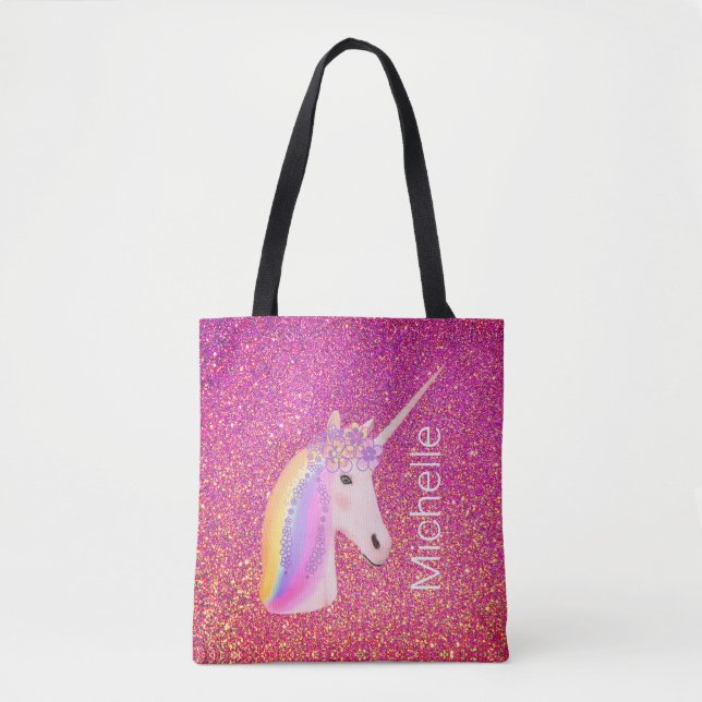 Bolso De Tela Fantasía de Purpurinas rosas de unicornio (Anverso)