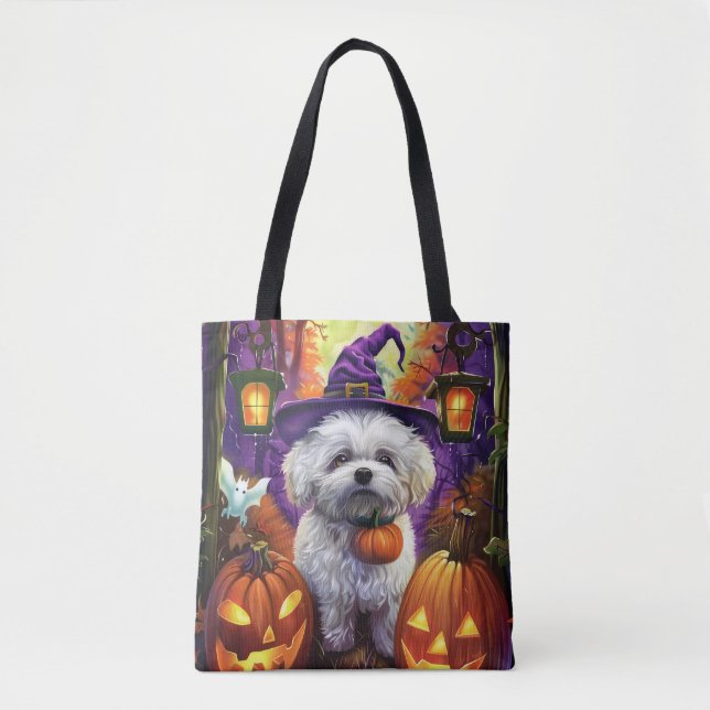 Bolso De Tela Fantasma Bichon Frise Halloween Bruja Y Calabaza (Anverso)