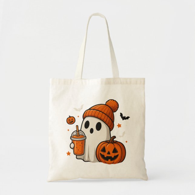 Bolso De Tela Fantasma de Halloween con calabaza y bebida (Frente)