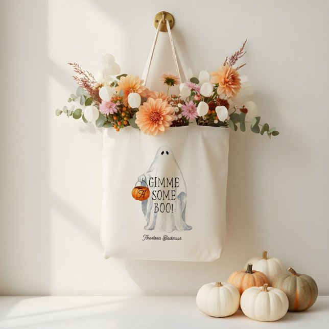 Bolso De Tela Fantasma de Halloween monograma con calabaza (Monogram Cute Halloween Ghost with Pumpkin Pail Tote Bag)