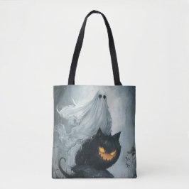 Bolso De Tela Fantasma de Halloween montando un gato negro