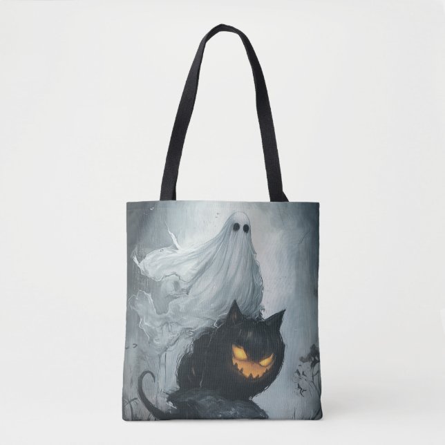 Bolso De Tela Fantasma de Halloween montando un gato negro (Anverso)