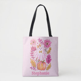 Bolso De Tela Fantasma de Halloween Rosa Pastel con Nombre Perso