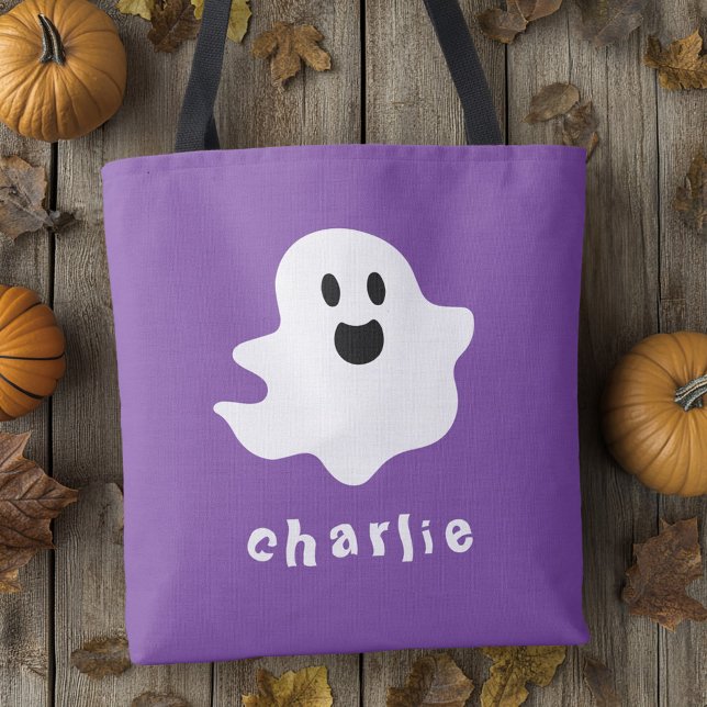 Bolso De Tela Fantasma espeluznante y nombre Halloween púrpura (Spooky ghost and name purple Halloween Tote Bag)
