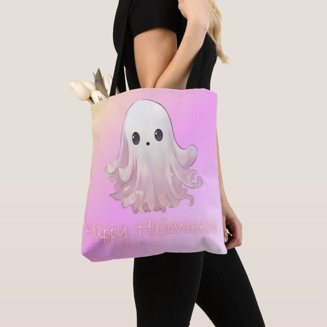 Bolso De Tela Fantasma rosa súper cuta Feliz Halloween (Detalle)