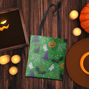 Bolso De Tela Fantasmas de gatos negros murmuran patrón verde Ha