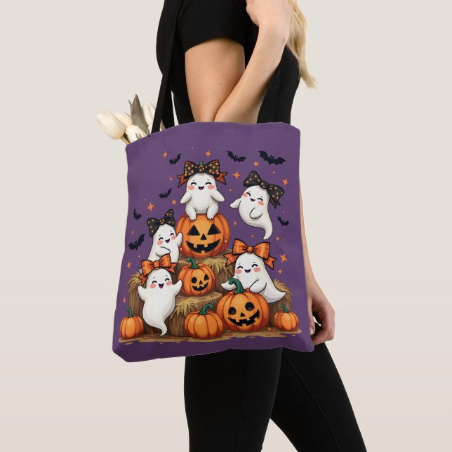 Bolso De Tela Fantasmas De Halloween En Coquette Bows & Pumpkins (Detalle)