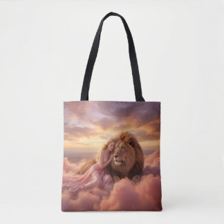 Bolso De Tela Fantasy Lion and Woman in Clouds