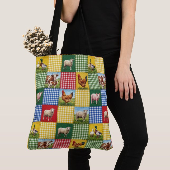 Bolso De Tela Farm Animals and Gingham Patchwork Quilt (Detalle)