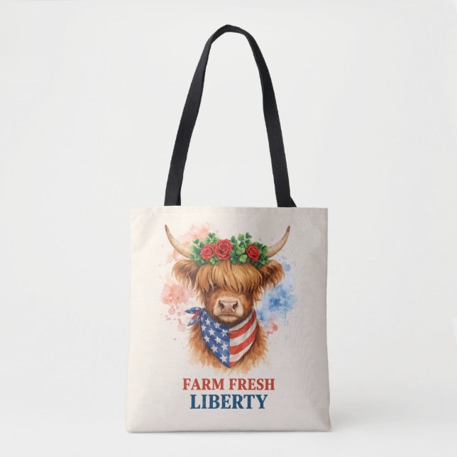 Bolso De Tela Farm Fresh Liberty Highland Cow Patriotic USA Art (Anverso)