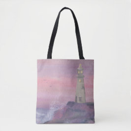 Bolso De Tela Faro Azul Costero Con Cielo Rosa