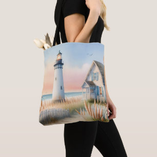 Bolso De Tela Faro costero y acuarela artesanal
