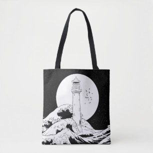 Bolso De Tela Faro de Bell Rock blanco y negro