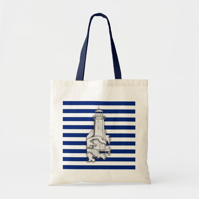 Bolso De Tela Faro de estilo cromado en franjas náuticas azules (Frente)