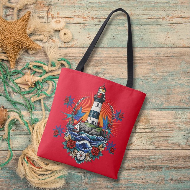 Bolso De Tela Faro Náutico Floral Azul Rojo (Subido por el creador)