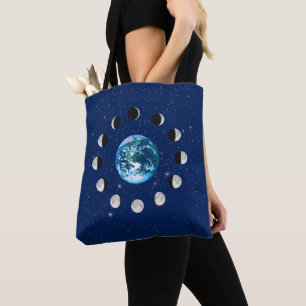 Bolso De Tela Fases de la Tierra y la Luna, sobre un fondo de es
