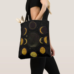 Bolso De Tela Fases de Luna Mágicas Negras y Doradas