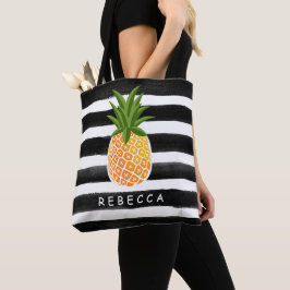 Bolso De Tela Fashiable Tropical Pineapple Black White Stripes